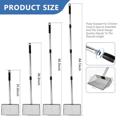 10inch Large Metal Chicken Poop Scooper, Chicken Poop Scooper for Sand with Adjustable Stainless Steel Handle, Chicken Coop Scooper for Sand Suitable for Chicken Coops, Rabbit Coops, Stables, Gardens - size: 2.3"L x 10.0"W x 64.0"H