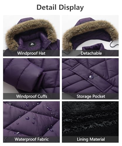 Women's Long Warm Winter Coat Windproof Thickened Fleece Lined Down Jacket Waterproof Puffer Outerwear with Removable Hood - color: Purple, size: Medium