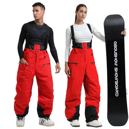 GSOU SNOW Men Women Snowboard Pants-Baggy Ski Snow Bibs | 15K Waterproof Overalls,Insulated Windproof Breathable,Detachable Shoulder Straps - color: Red, size: X-Large