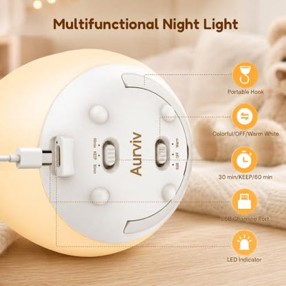 Egg Night Light for Kids, Soft Silicone Baby Egg Light for Nursery | Touch Control, Stepless Dimming & 7 Color Changing, Rechargeable, 30/60 Minute Timer for Breastfeeding, Nursery