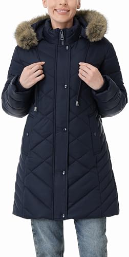 Women's Long Warm Winter Coat Windproof Thickened Fleece Lined Down Jacket Waterproof Puffer Outerwear with Removable Hood - color: Navy, size: Small