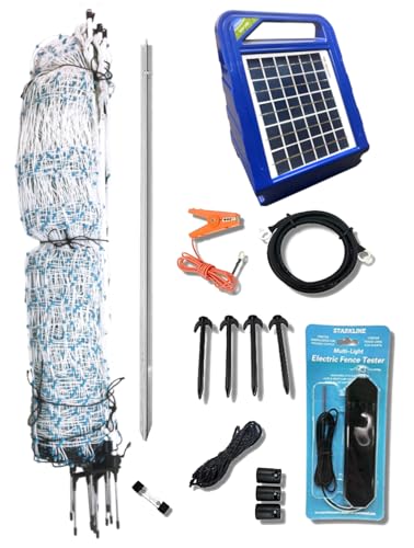 Starkline 48" x 164' Premium Electric Poultry Netting Solar Kit | White/Blue All-in-One Solar Electric Fence Kit for Backyards, Homesteads, Farms, and Ranches