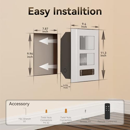 Electric Wall Heater for Indoor Use, 120V Wall Heater with Thermostat and Remote, 3 Heating Modes, 9H Timer, Child Lock, Overheat Protection, Suitable for Bathroom, 1500/750 Watt, Hardwired - color: White