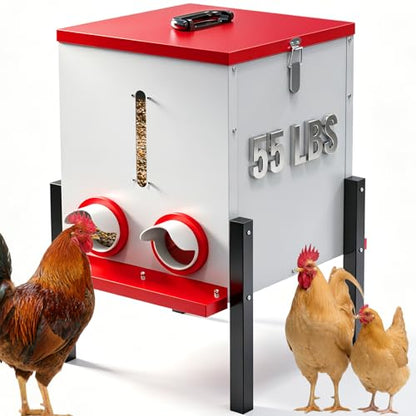 55 LBS Large Metal Chicken Feeder, 40L Automatic Poultry Feeder with 4 Feeding Ports, No Waste Catch Tray, Height Adjustable, Weatherproof for Chicken Coop Outdoor Backyard | 55 LBS Large Metal Chicken Feeder