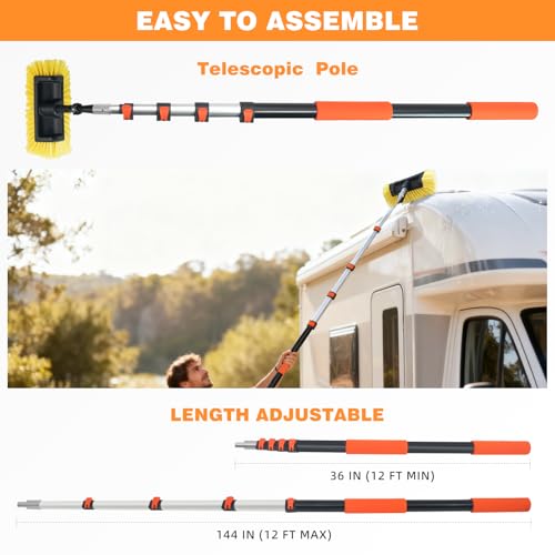 12FT Car Wash Brush with Long Handle Aluminium Telescoping Pole Angle Adapter with 2 Pcs 12" Soft and Hard Bristle Scratch-Free for Cleaning Car Truck RV House Floor Window Roof Solar Panels - size: 12 FT
