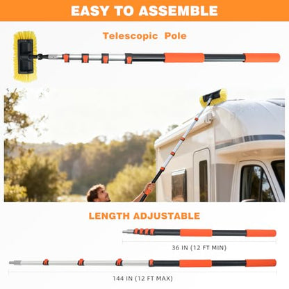 12FT Car Wash Brush with Long Handle Aluminium Telescoping Pole Angle Adapter with 2 Pcs 12" Soft and Hard Bristle Scratch-Free for Cleaning Car Truck RV House Floor Window Roof Solar Panels - size: 12 FT