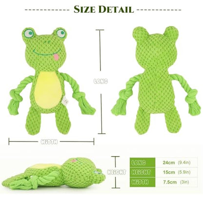 Cotton Rope Squeaky Dog Toy with Crinkle Paper – Interactive Plush Chew Toy for Small & Medium Puppies, Frog Design - color: Green