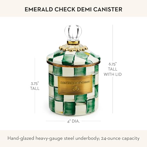 MACKENZIE-CHILDS Enamel Canister, Versatile Kitchen Storage Container for Flour and Sugar, Demi, 24-Ounce Capacity, Green-and-White Emerald Check - color: Emerald Check