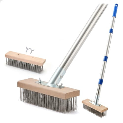 Stainless Steel Wire Scrub Brush with 63" Long Handle, 2PCS 8" Brush Heads, Heavy Duty Large Wire Brush, Stiff Metal Bristle Floor Scrubber, Patio Floor Cleaning, Wire Broom for Concrete, Deck, Moss - size: With 2PCS 8-inch brush head