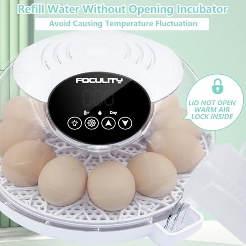 Egg Incubator for Hatching Chicks, Holds 12 Eggs, Automatic Egg Turner with Temperature, Humidity Display, Egg Candler, Automatic Egg Turner, 360 Degree View with Clear Window