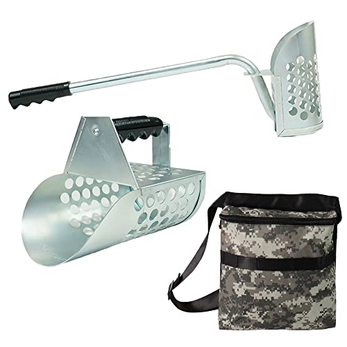 Galvanized Long Handle Scoops and Heavy Duty Large Scoop w/Pouch for Metal Detecting, Shelling, Rock Hunting and More - style: Long Handle Scoop w/ Large Hand Scoop and Pouch
