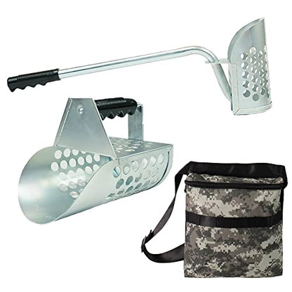 Galvanized Long Handle Scoops and Heavy Duty Large Scoop w/Pouch for Metal Detecting, Shelling, Rock Hunting and More - style: Long Handle Scoop w/ Large Hand Scoop and Pouch