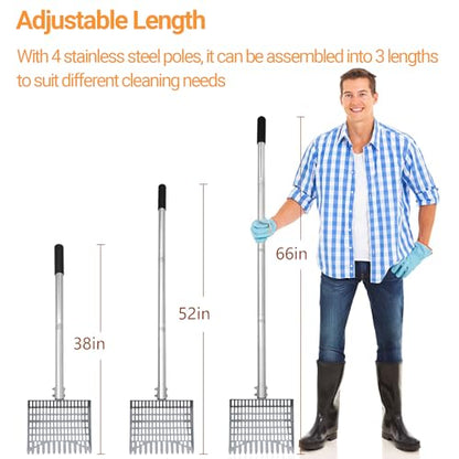 Chicken Poop Scooper Spring Steel Sifting Shovel with 3 Adjustable Angle, 38-66in Extendable Stainless Steel Handle, Professional Poultry Litter Cleaner for Chicken Coop, Duck, Goat & Sand - size: 9" W x 2.5" D