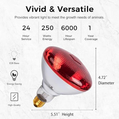 Infrared Heat Lamp for Chickens, 250 Watts Red Heat Lamp Bulb, Heat Light Bulb for Brooder Coop, Food Service, Chicks, Pet, Reptile, 1 Pack - size: 1 Count (Pack of 1)