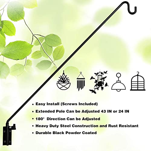 MIXXIDEA 2 Packs Heavy Duty Extended Reach Wall Mounted Deck Hook Wall Pole, Wall Bracket Direction and Length Adjustable Plant Bracket for Bird Feeders, Planters, Suet Baskets, Lanterns, Wind Chimes - size: 43in Long Wall Mounted Hook-2 Packs