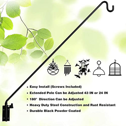 MIXXIDEA 2 Packs Heavy Duty Extended Reach Wall Mounted Deck Hook Wall Pole, Wall Bracket Direction and Length Adjustable Plant Bracket for Bird Feeders, Planters, Suet Baskets, Lanterns, Wind Chimes - size: 43in Long Wall Mounted Hook-2 Packs