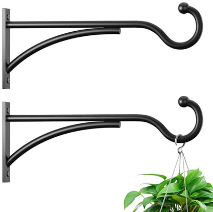 8 Inch 2 Pack Heavy Duty Plant Hangers Outdoor, Metal Plant Brackets for Hanging Baskets, Plant Wall Hooks for Bird Feeders, Wind Chimes & Lanterns, Premium Metal Hooks Matte Black, 30lbs Capacity - size: 8 in, 2 pk