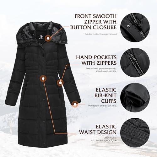 IKAZZ Women's Winter Coats, Thickened Warm Insulated Vegan Down Long Parka Jacket with Hood - color: Black, size: Medium
