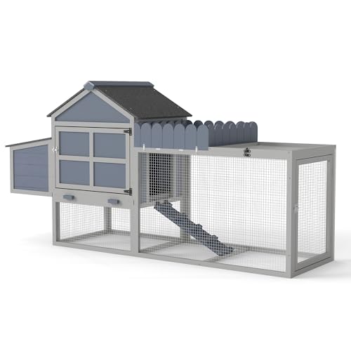 COZIWOW Outdoor Chicken Coop, Wooden Hen House with Nesting Box, Run, Resting Room, Ramp, Pull-Out Tray, Weatherproof, Patio Garden Pen Hutch for Ducks Poultry Pets, Easy to Clean, Gray (Plant Fence)