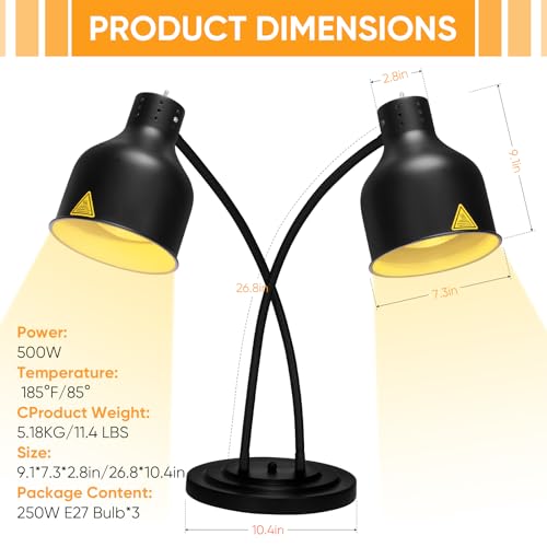 YUANHAO Commercial Dual-Head Food Heat Lamp | Buffet Warmer with 3 Shatterproof Bulbs – Flexible Gooseneck Heating Light for Catering, Restaurants & Carving Stations