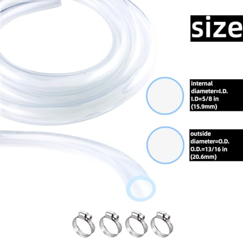 5/8" ID x 13/16" OD - 25 ft Clear Plastic Vinyl Tubing, Flexible PVC Hose Lightweight Tube with 4 Stainless Clamps for Transfer Water Air Oil. - size: 5/8 in. ID x 13/16 in. OD, style: 25 Ft.