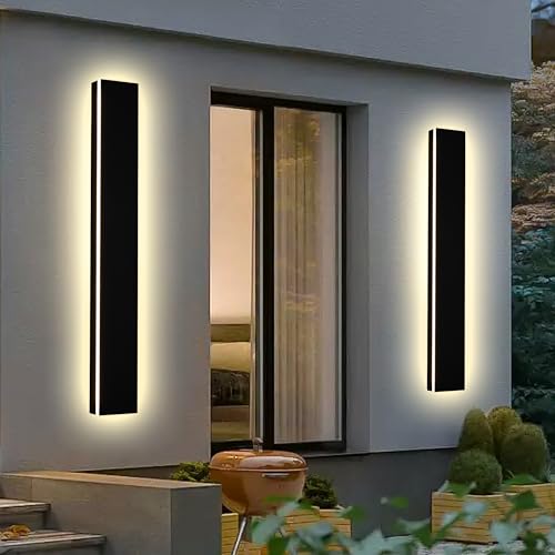 2 Pack 32in Modern LED Outdoor Wall Light, Dimmable 3000K-6000K 5CCT Strip Linear Exterior Wall Sconce Waterproof Ip65 Black 24W LED Long Outdoor Garage Lights Outside Lights for House - size: 32in
