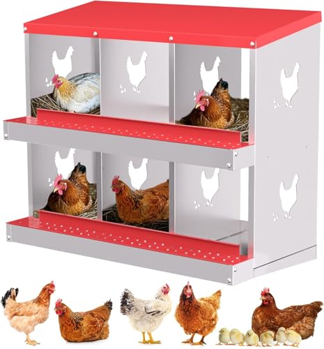 Chicken Nesting Box, 6 Compartment Metal Chicken Nesting Boxes for Chicken Coop, Large Vented Holes Chicken Laying Boxes with Rollout Egg Collection, Wall Mount Chickens Coops - color: Red, size: 6 Holes