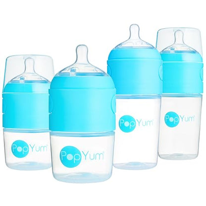 PopYum Blue Formula Making Baby Bottle Starter Set, 4-Pack | 2X 5oz Bottles with #1 Slow Flow Nipples, 2X 9oz Bottles with #2 Medium Flow Nipples, Mixing, Dispenser - color: Blue, size: 5 & 9 Ounce (Pack of 4)