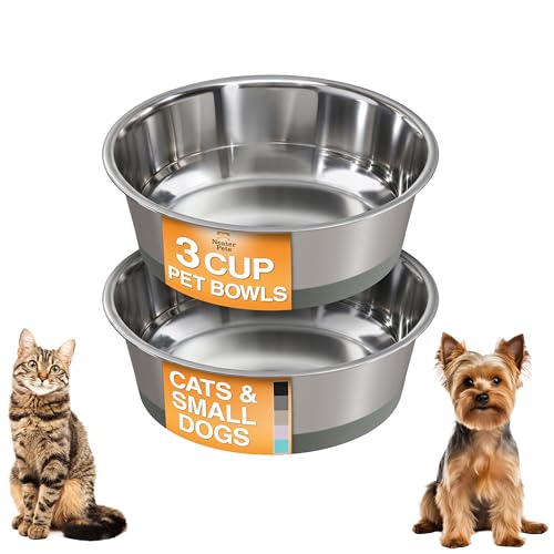 Neater Pet Brands Stainless Steel Dog Bowls with Non-Slip Rubber Bottom – 3 Cup (24 oz), Gray - Set of 2 Heavy Duty Metal Dog Bowls, Dishwasher Safe, Food or Water Bowl, Ideal for Small to Medium Dogs - color: Gray, size: 3 Cup (Set of 2)