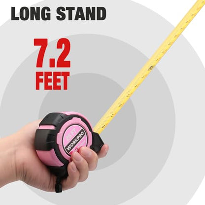 WORKPRO 25FT Pink Tape Measure, 1/8 Fractions Easy Read Measuring Tape, Retractable Nylon Coating Measurement Tape Accuracy 1/32, Magnetic Hook, Belt Clip, Rubber Protective Casing - Pink Ribbon - color: Pink, size: 7.6 m