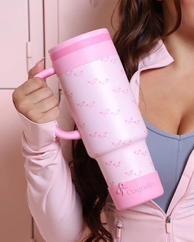 40 oz Insulated Tumbler with Handle and Push-Button Straw Lid, Stainless Steel Travel Cup for Gym Office Leakproof, BPA-Free, Cup Holder Friendly, Bow Silicone Boot, Pink (Coquette Bubblegum) - color: Coquette Bubblegum
