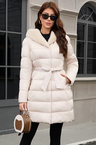 PAPILLON D'OR WEAR YOUR WINGS Women's Long Puffer Coat with Belt, Hood & Furry Lining - Knee-Length Winter Jacket - color: Pink-beige, size: Large