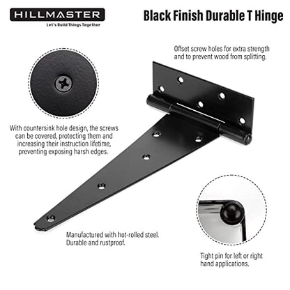 HILLMASTER 12 Inch T-Strap Heavy Duty Shed Door Hinges Gate Strap Hinges Black Tee Hinge Wrought Hardware for Wooden Fences,Yard,Barn Door,Rustproof (4 Pack) - size: 12in 4Pack