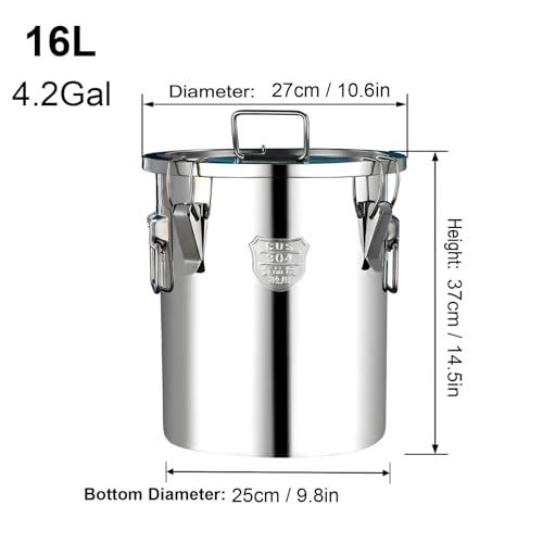16L / 4.2Gal 304 Stainless Steel Containers with Airtight Lid Handle, Multi Purpose Metal Storage Pail for Kitchen, Milk, Oil, Soup, Fermentation, Camping - size: Standard 16L/4.2gal