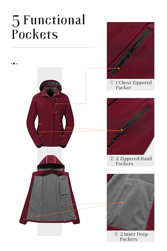 Pursky Women's Softshell Jacket Lightweight Fleece Lined Rain Jacket Waterproof Warm Windbreaker Coat With Removable Hood - color: Burgundy, size: Medium