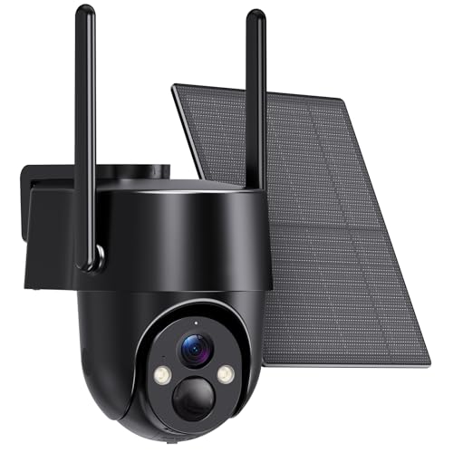 Solar Powered Outdoor Security Camera, 360° View Solar Powered WiFi, 2K HD, Night Vision, Motion Detection, Black