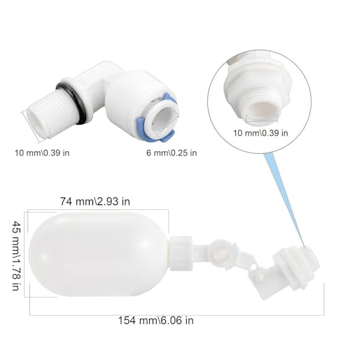2 pcs Water Filter Float Ball Valve with 1/4 inch Quick Connect Push in to Connect Tube Fittings, Adjustable Plastic Float Valve for Aquarium Water Purifiers Reverse Osmosis System (White)
