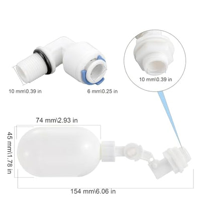 2 pcs Water Filter Float Ball Valve with 1/4 inch Quick Connect Push in to Connect Tube Fittings, Adjustable Plastic Float Valve for Aquarium Water Purifiers Reverse Osmosis System (White)