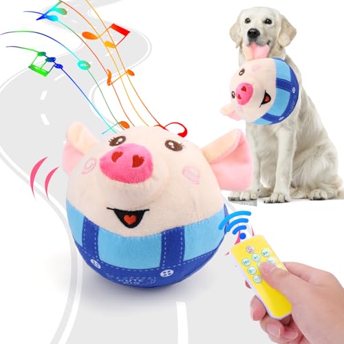 BABORUI Blue Pig Interactive Dog Toy, Remote Control Jumping Squeaky Toy with Recording & Music Modes, Rechargeable Moving Dog Chew Toy for Small/Medium/Large Dogs - color: Remote Control Blue Pig