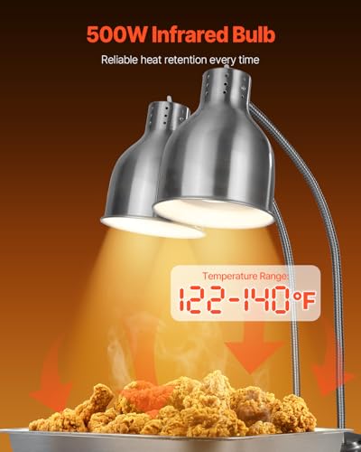 VEVOR Food Heat Lamp, 500W Electric Commercial Food Warmer Light, 2-Head Stainless Steel French Fry Heating Lamp with 3 Bulbs, Catering Food Warming Equipment for Kitchen, Buffet, Restaurant, Silver - style: Tabletop