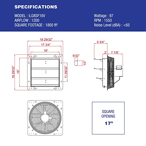 iLiving - 16" Wall Mounted Exhaust Fan - Automatic Shutter - Variable Speed - Vent Fan For Home Attic, Shed, or Garage Ventilation, 1200 CFM, 1800 SQF Coverage Area (Power Cord Not Included) - style: 16" Fan-only