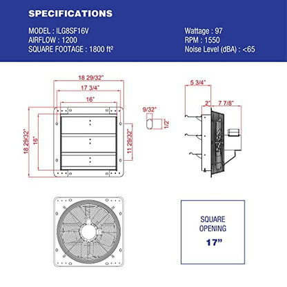 iLiving - 16" Wall Mounted Exhaust Fan - Automatic Shutter - Variable Speed - Vent Fan For Home Attic, Shed, or Garage Ventilation, 1200 CFM, 1800 SQF Coverage Area (Power Cord Not Included) - style: 16" Fan-only