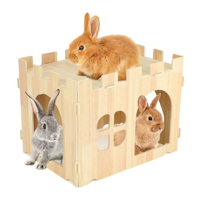 BWOGUE Large Wooden Rabbit House and Hideouts Bunny Castle Detachable Small Animal Play Hideaway Rabbit Hideout Cage Accessories for Indoor Adult Rabbit Guinea Pig Chinchilla Habitat - style: 1 House