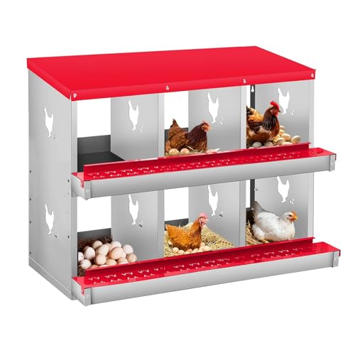 6 Compartment Chicken Nest, Stainless Steel Laying Boxes for Hens with 4 Dummy Eggs and 10 Dampproof Pets Mats, Wall Mounted or Free Standing Chicken Boxes, Roll Out Design, Red - color: Red, size: 6-Room