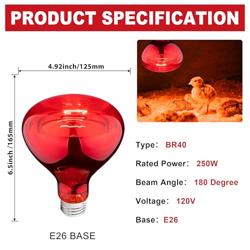 4 Pack 250W Heat Lamp Bulbs for Chicks, R40 Red Heat Lamp for Chickens, Infrared Heating Bulbs for Brooder Heater, I Incandescent Heat Bulb for Pet, Bathroom, Food