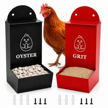 Chicken Feeder 2 Pack, Metal Wall-Mounted Automatic Feeder for Oyster Shell & Grit, No-Spill Heavy-Duty Chicken Coop Accessory, Feed Dispenser for Backyard Poultry