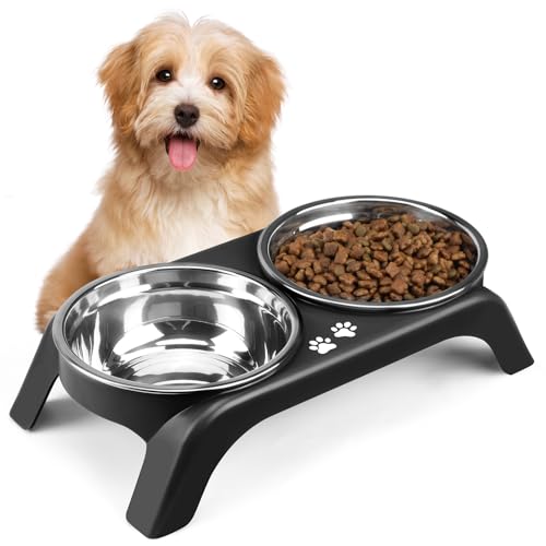 Elevated Dog Bowls for Small Dogs, 3” High Raised Dog Bowl Stand with Dual 5” Stainless Steel Bowls Non-Slip Pet Feeder for Puppy and Cats, Dishwasher Safe, Black - color: Black, size: 4.9" for Small Dogs