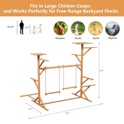 Wooden Chicken Roosting Bars for 8-12 Chickens, Multi-Level Chicken Perch with Swings for Coop, Let Chickens Run, Play & Stay Healthy, Ideal for Backyard Coops & Farms