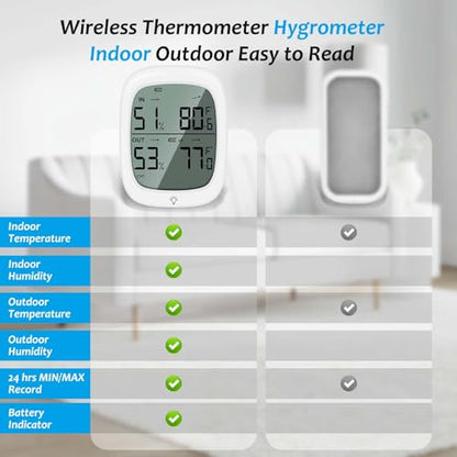 RUIKORING Indoor Outdoor Thermometer Wireless Hygrometer with Remote Sensor, 330ft Range High Accuracy Digital Temperature Humidity Monitor, Large Backlit Display for Home Greenhouse Baby Room Patio