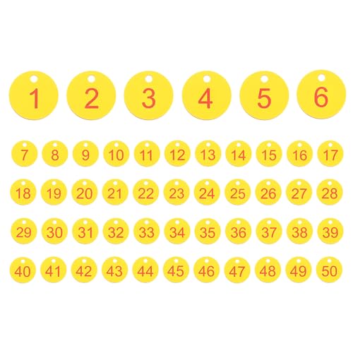 PATIKIL 50PCS Number Tags 1-50, Number Key Tags Plastic Numbered Keychain for Organizer Field Sales Hangers Clothes Labels ID, Yellow Red - color: Yellow Red